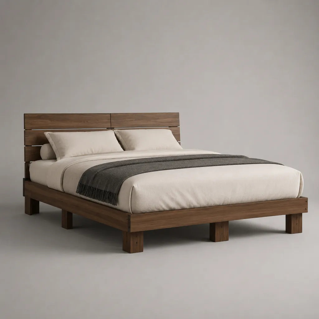 Letto matrimoniale rettangolare con testiera in legno massello di acacia marrone noce, rete 160 x 200 cm, dimensioni 168 x 216 x 105 cm