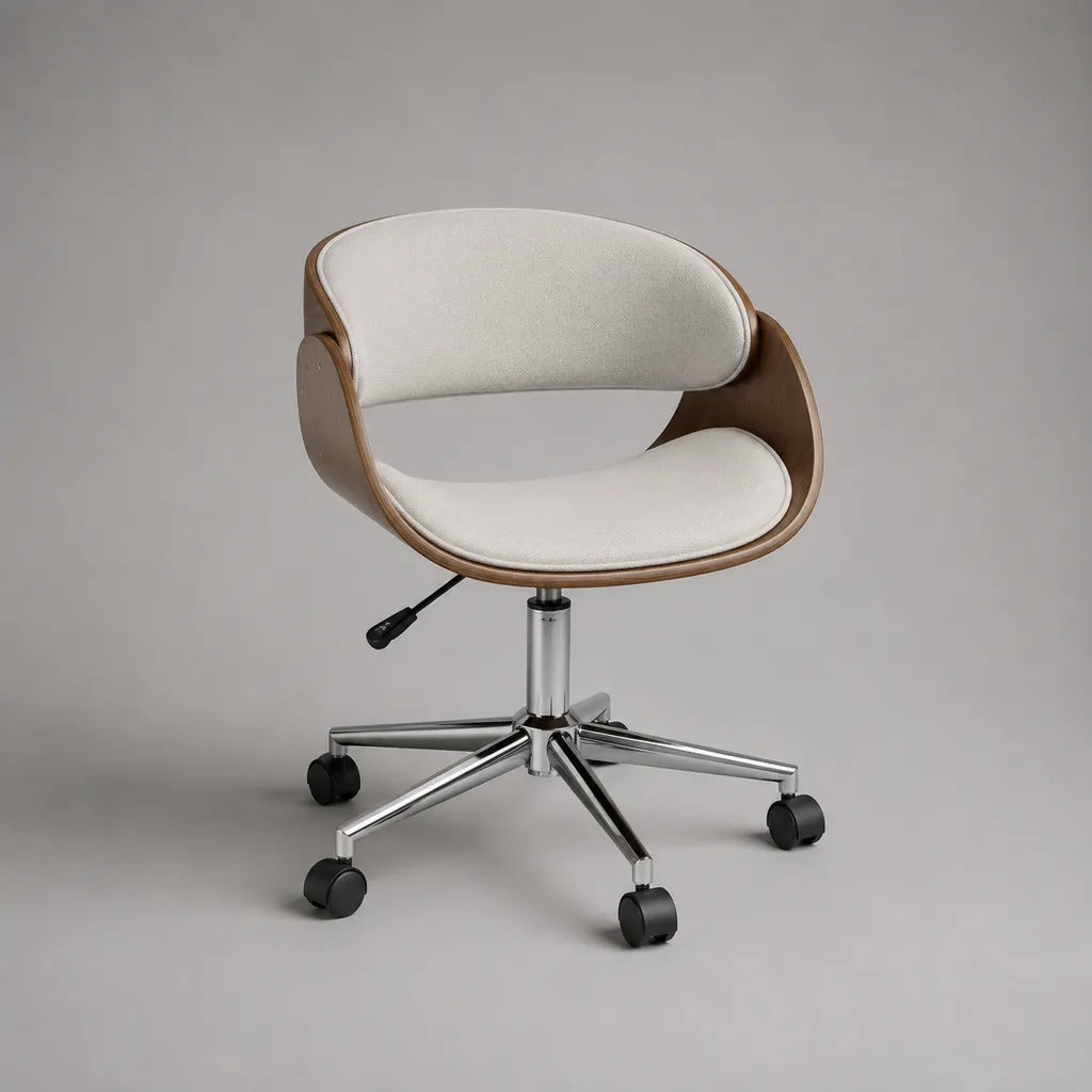 Sedia da ufficio girevole e regolabile in tessuto, legno e metallo, bianco crema e noce, 61 x 60 x 78-88 cm
