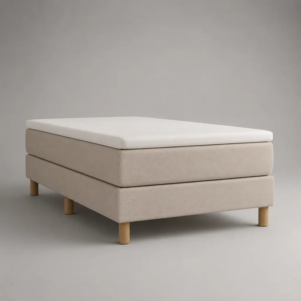 Letto continentale singolo beige e bianco 90 × 200 × 61 cm con materasso a molle, topper in schiuma e piedini in legno