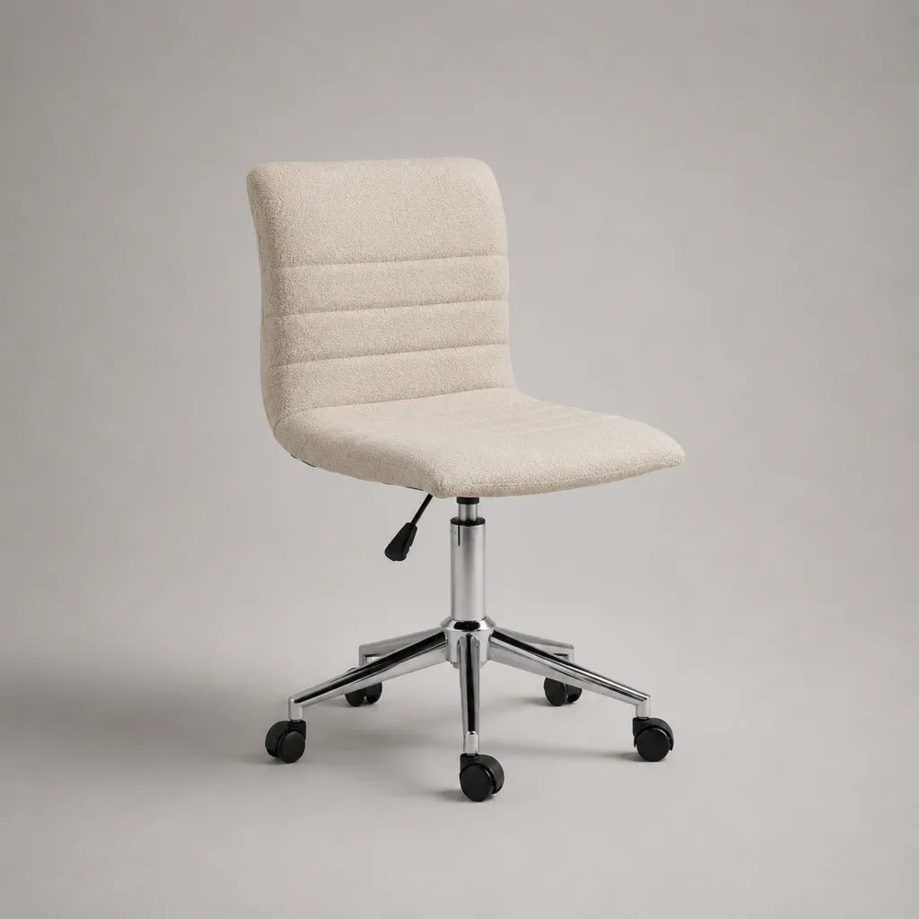 Sedia da ufficio girevole regolabile in tessuto bouclé e acciaio cromato beige, 56 x 56 x 79-89 cm