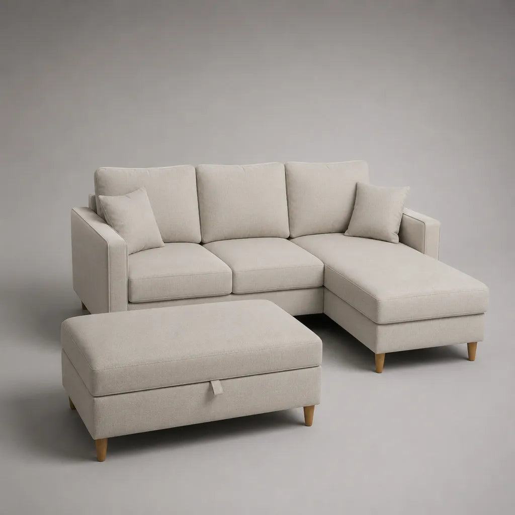 Divano angolare a 3 posti in tessuto beige con penisola destra 218 x 145 x 86 cm e poggiapiedi contenitore 100 x 65 x 45 cm