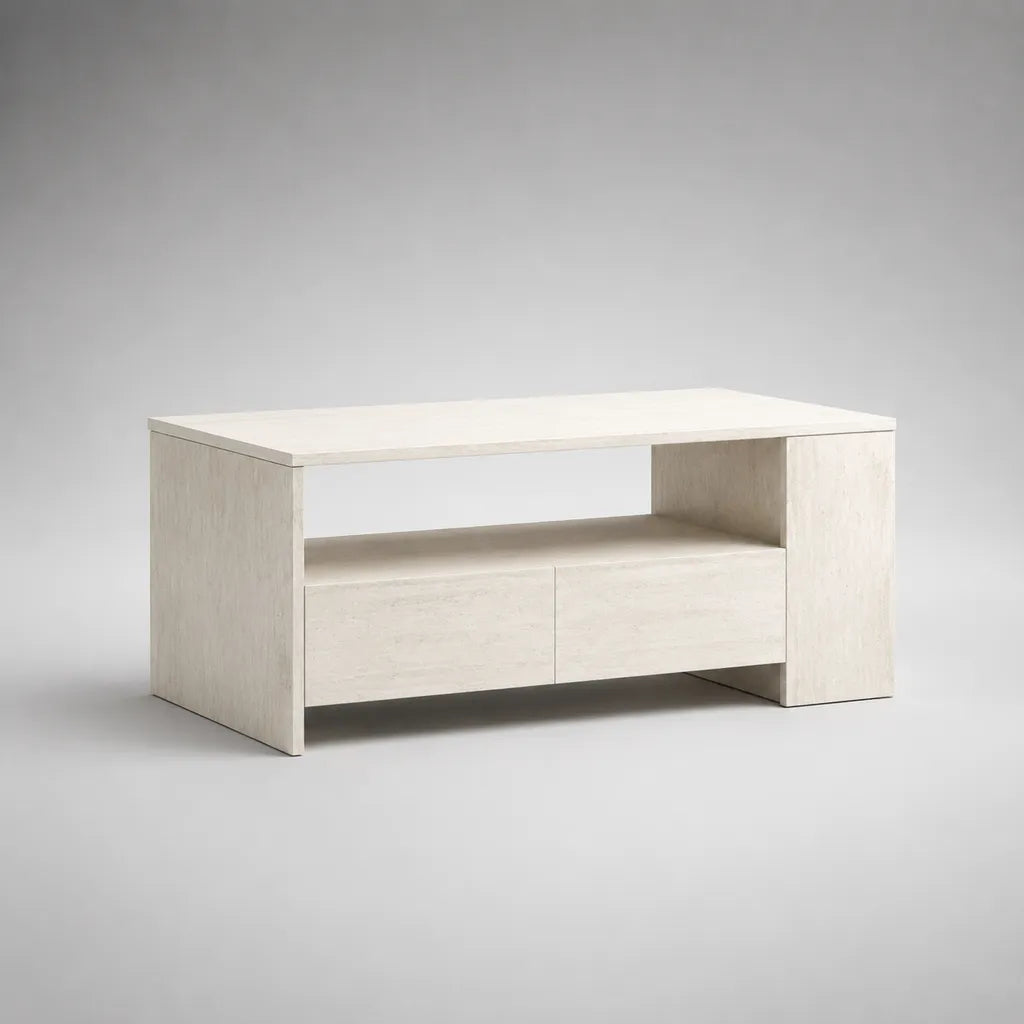 Tavolino da caffè rettangolare in truciolare, rovere bianco e bianco crema, con 2 cassetti e vano aperto, 110 × 55 × 45 cm
