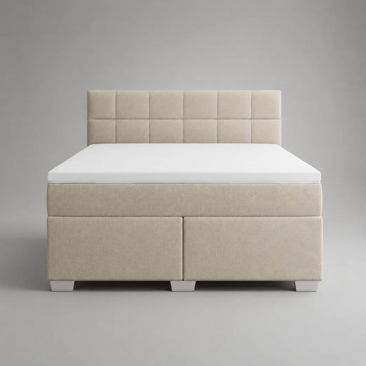 Letto boxspring matrimoniale imbottito in tessuto beige con materasso in schiuma 160 × 200 cm, 168 × 210 × 120 cm