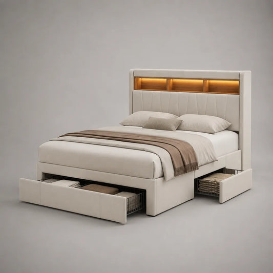 Letto matrimoniale rettangolare imbottito con testiera LED e 4 cassetti, beige/noce, 180 x 218 x 145 cm, rete 160 x 200 cm
