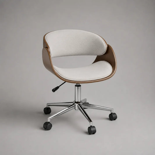 Sedia da ufficio girevole e regolabile in tessuto, legno e metallo, bianco crema e noce, 61 x 60 x 78-88 cm