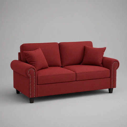 Divano a 2 posti in tessuto con braccioli arrotondati e cuscini, rosso bordeaux, 158 x 84 x 90 cm