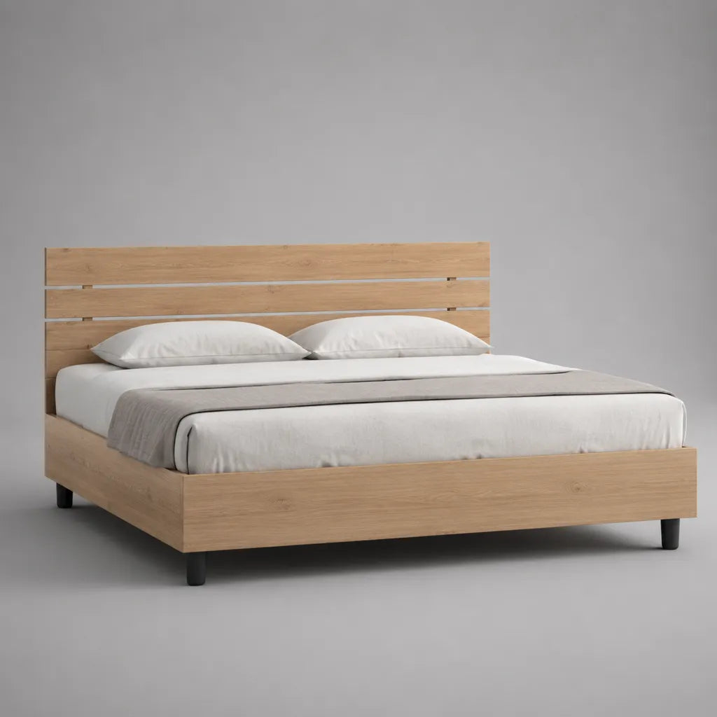 Letto matrimoniale 160 × 200 cm con testiera e rete a doghe, effetto rovere naturale, 169 × 208 × 105 cm