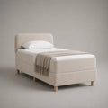 Letto singolo imbottito beige con materasso 90 x 200 cm, rivestimento in tessuto e gambe in legno