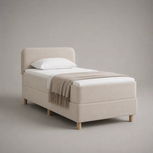 Letto singolo imbottito beige con materasso 90 x 200 cm, rivestimento in tessuto e gambe in legno