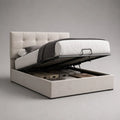 Letto matrimoniale contenitore beige 160 x 200 cm, imbottito in poliestere, con rete a doghe e sollevamento a gas