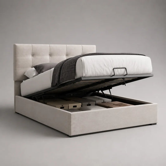 Letto matrimoniale contenitore beige 160 x 200 cm, imbottito in poliestere, con rete a doghe e sollevamento a gas