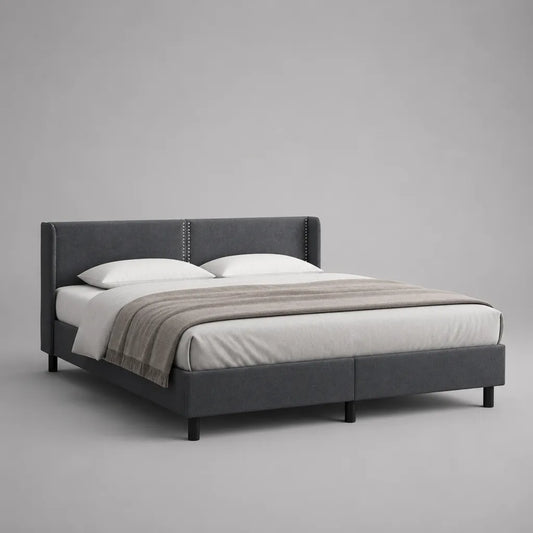Letto matrimoniale imbottito in tessuto grigio scuro 193 x 216 x 105 cm, rete a doghe per materasso 180 x 200 cm e testiera alata