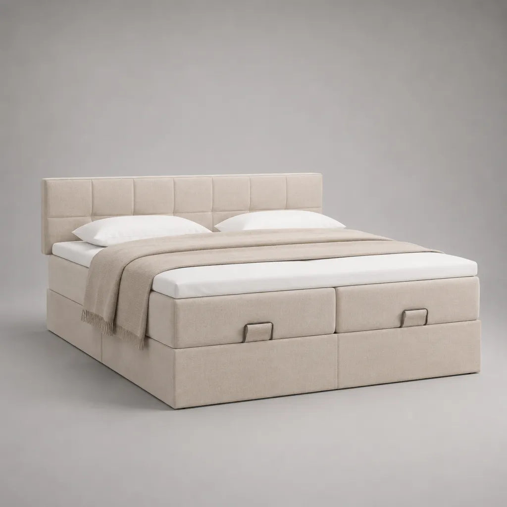 Letto matrimoniale contenitore imbottito in tessuto beige, 170 × 215 × 110 cm, superficie letto 160 × 200 cm