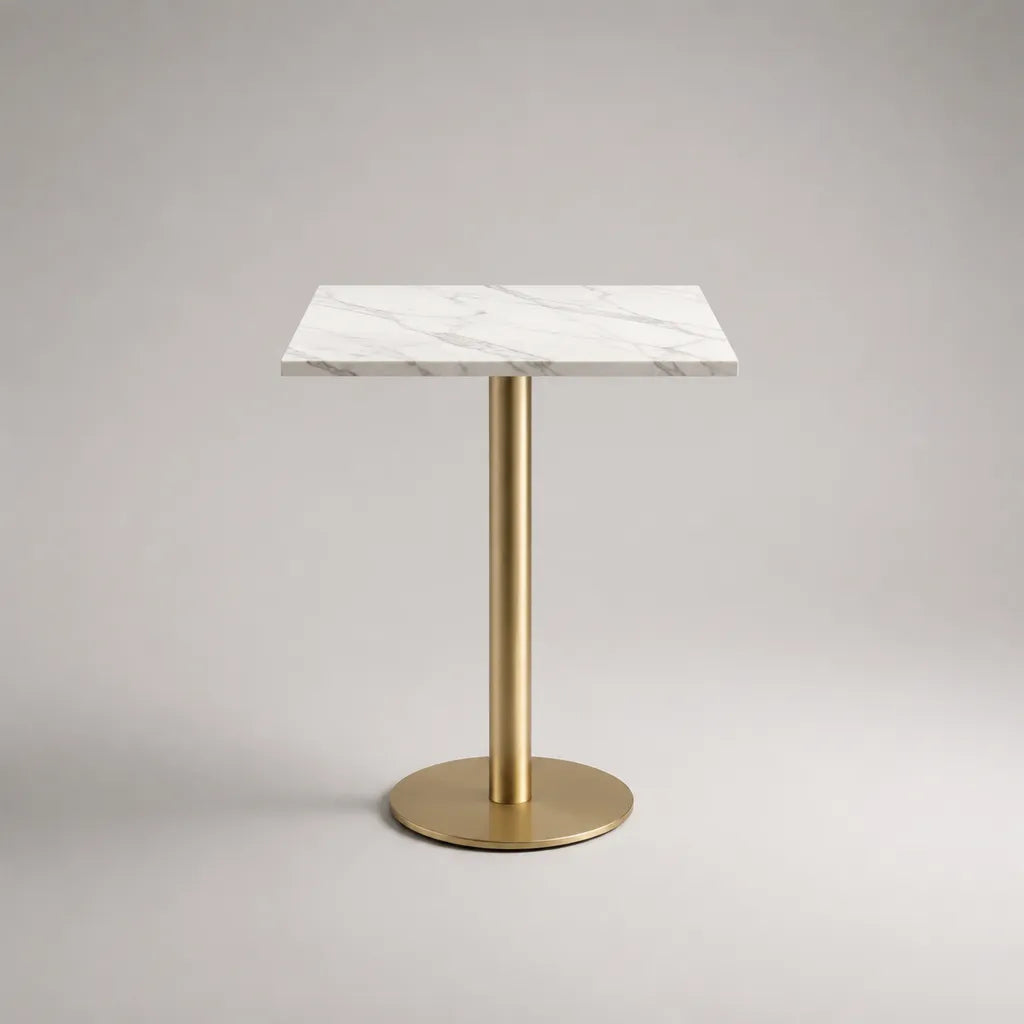 Tavolo quadrato in pietra e metallo, bianco effetto marmo e dorato, 60 x 60 x 75 cm
