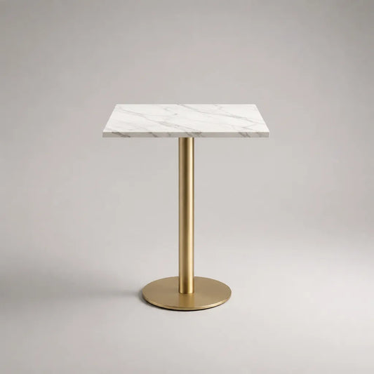 Tavolo quadrato in pietra e metallo, bianco effetto marmo e dorato, 60 x 60 x 75 cm