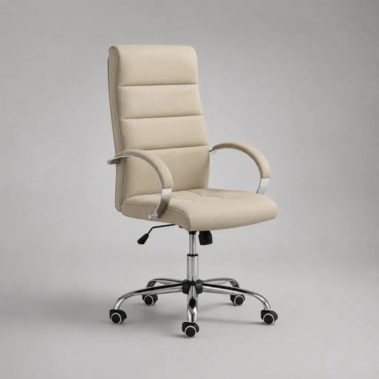 Sedia da ufficio girevole regolabile in similpelle PU beige con schienale alto e base in acciaio cromato, 64 x 66 x 109-119 cm