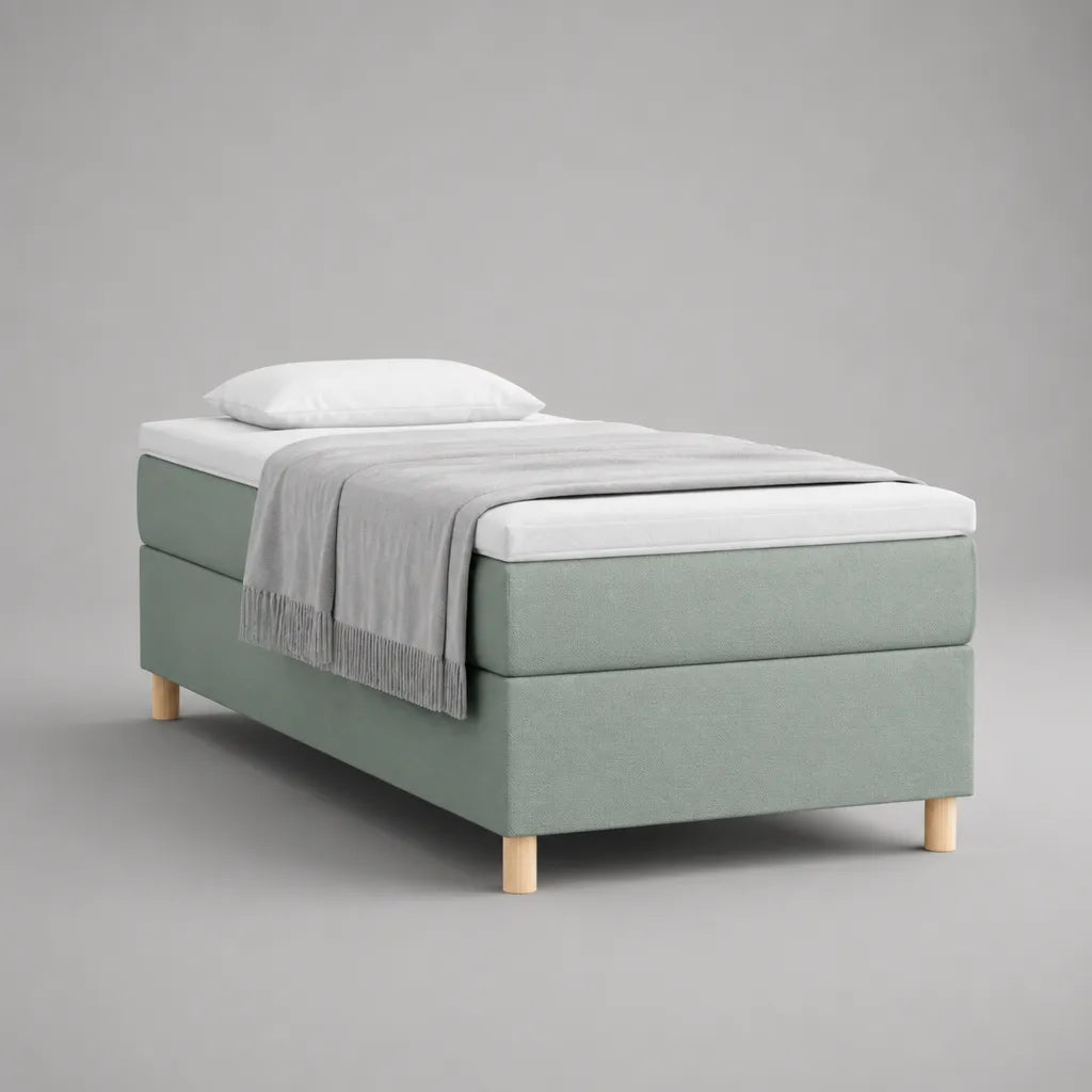 Letto singolo a molle in tessuto verde salvia e bianco, 90 x 200 x 63 cm