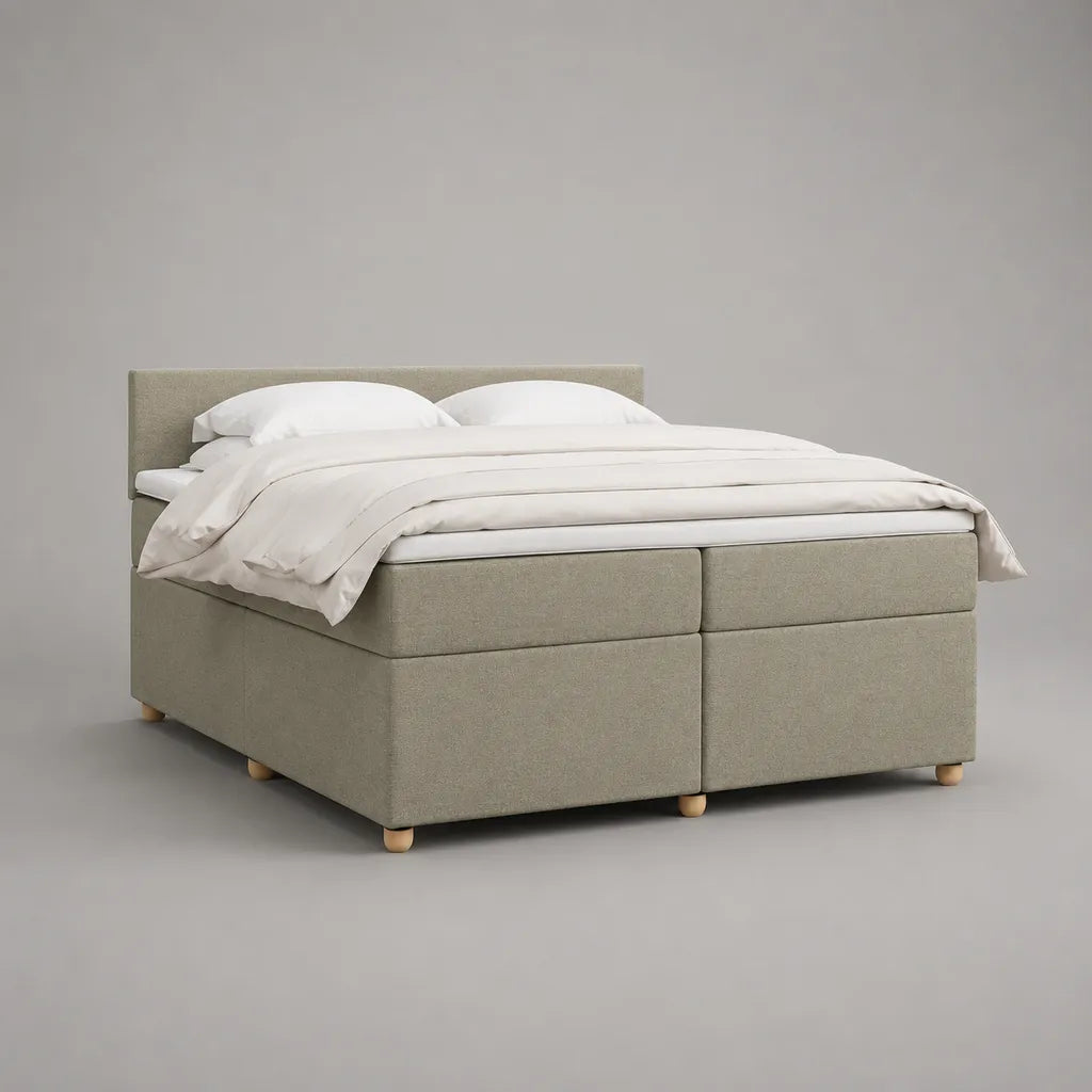 Letto boxspring matrimoniale beige 170 × 208 × 110 cm, superficie di riposo 160 × 200 cm, con materassi, sovramaterasso e testiera in tessuto