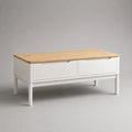 Tavolino rettangolare in MDF e legno massello con 2 cassetti, bianco e naturale, 100 x 50 x 55 cm