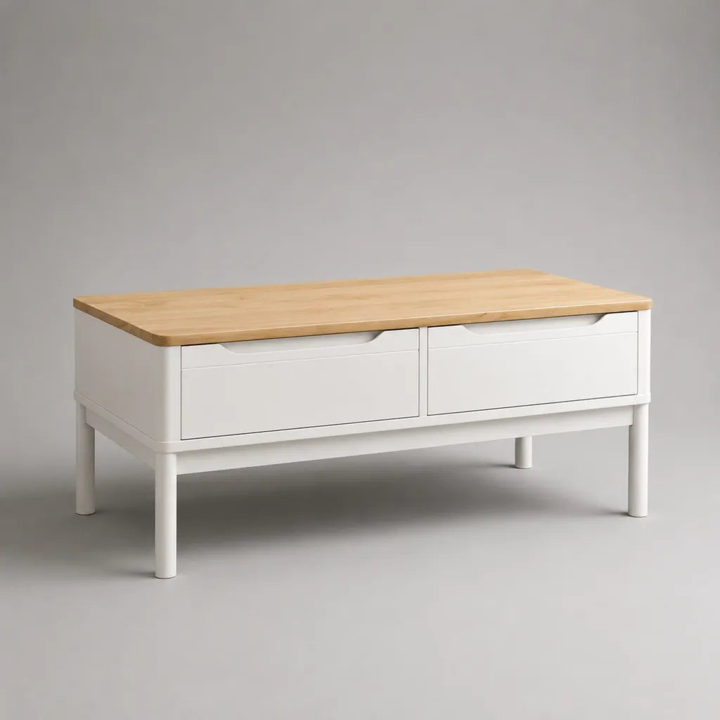 Tavolino rettangolare in MDF e legno massello con 2 cassetti, bianco e naturale, 100 x 50 x 55 cm