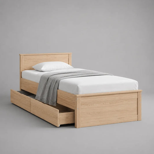 Letto singolo in legno con 2 cassetti, rovere naturale, per materasso 90 x 200 cm, dimensioni 207 x 98 x 100 cm