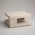 Tavolino da salotto quadrato in MDF effetto travertino beige e crema, 80 × 80 × 40 cm, con ripiano inferiore
