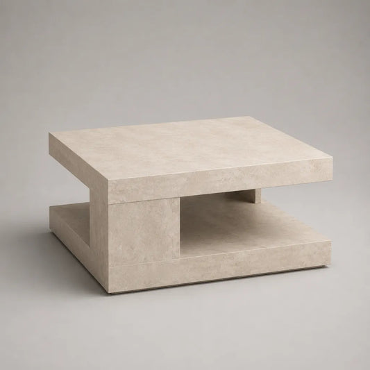 Tavolino da salotto quadrato in MDF effetto travertino beige e crema, 80 × 80 × 40 cm, con ripiano inferiore
