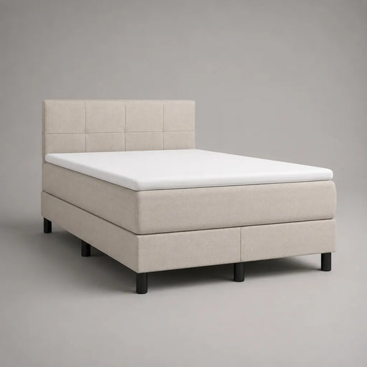 Letto matrimoniale imbottito beige con testiera, materasso e sovramaterasso, superficie di riposo 160 × 200 cm, dimensioni 168 × 210 × 120 cm