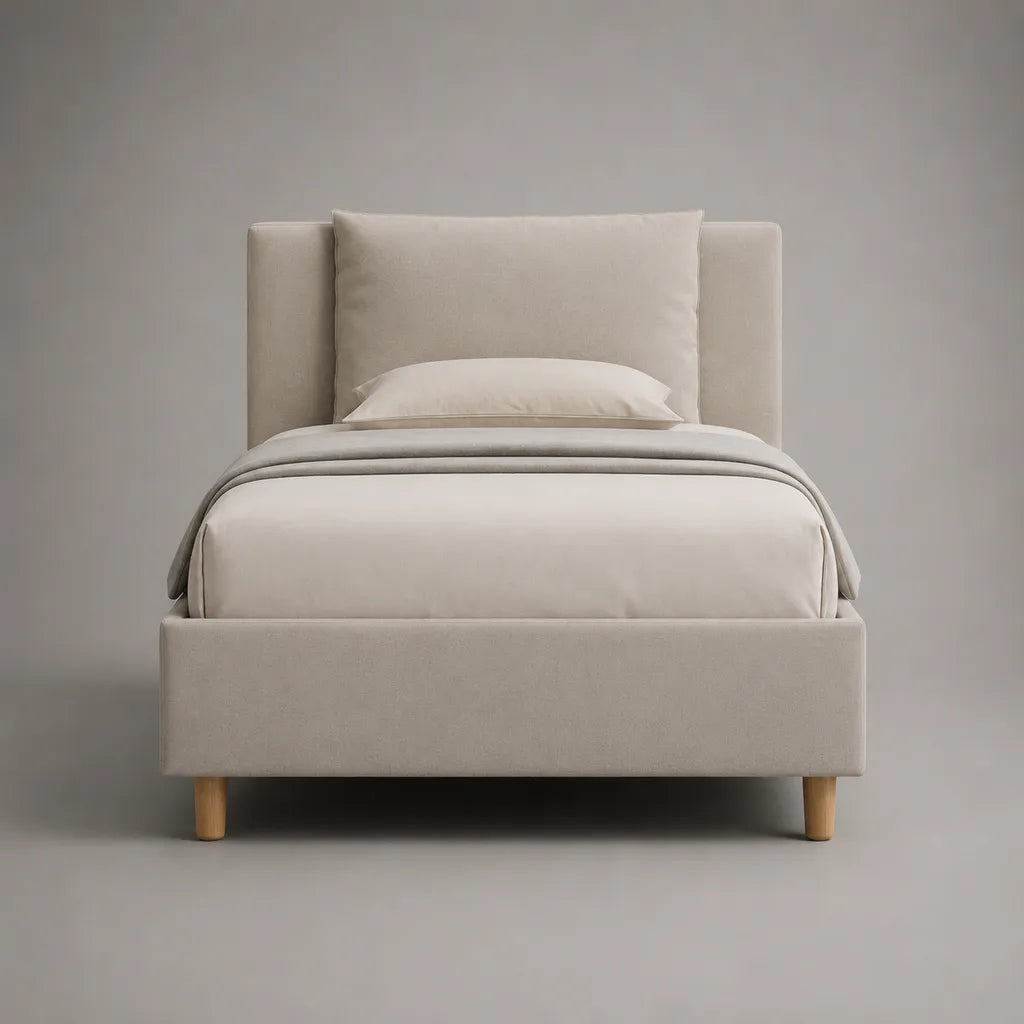 Letto singolo imbottito 90 x 200 cm in poliestere beige con testiera e rete a doghe