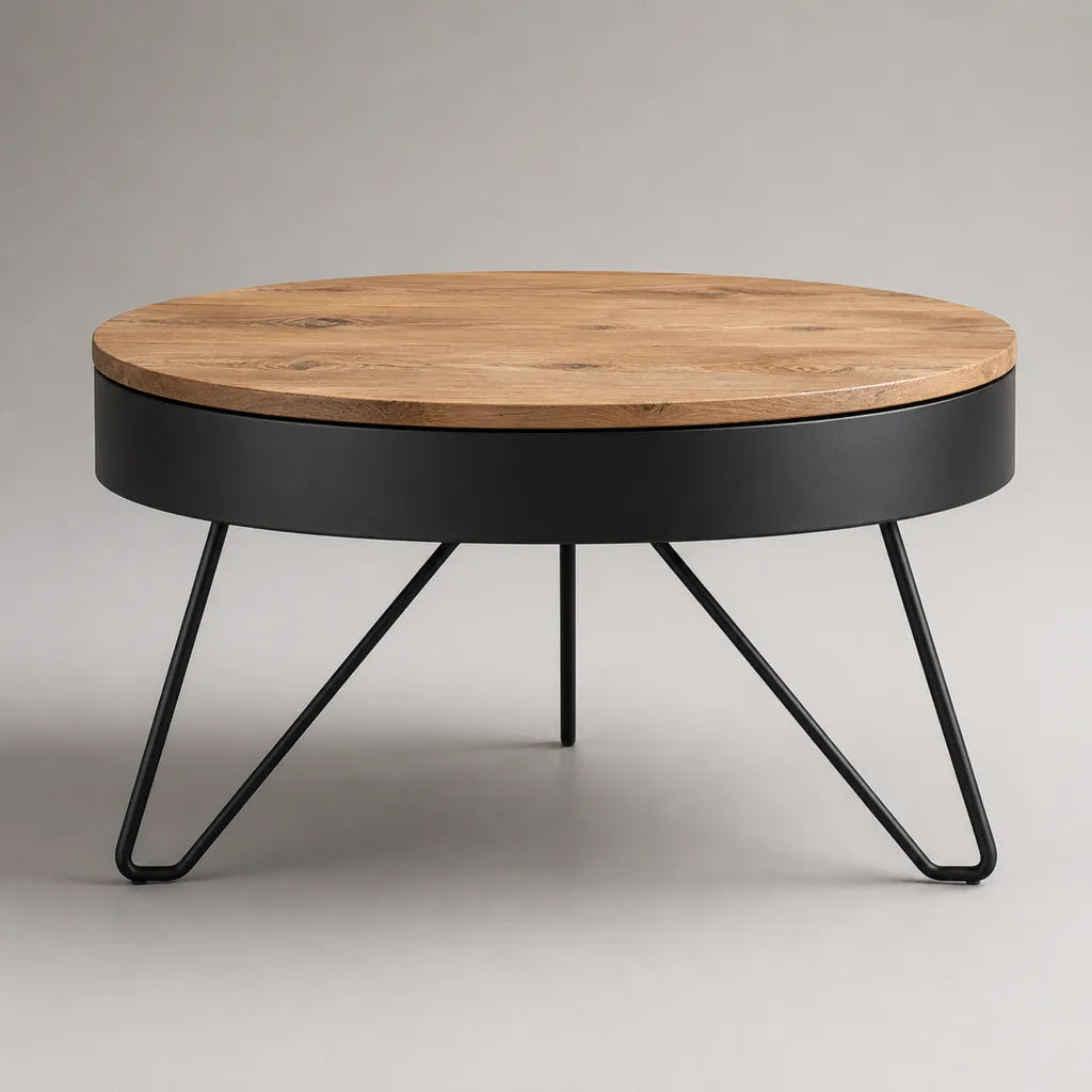 Tavolino da caffè rotondo in legno e acciaio nero, rovere naturale, Ø80 × 45 cm