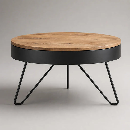 Tavolino da caffè rotondo in legno e acciaio nero, rovere naturale, Ø80 × 45 cm