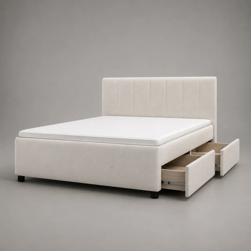 Letto matrimoniale imbottito in tessuto bianco crema con 2 cassetti, 170 x 215 x 110 cm, rete 160 x 200 cm