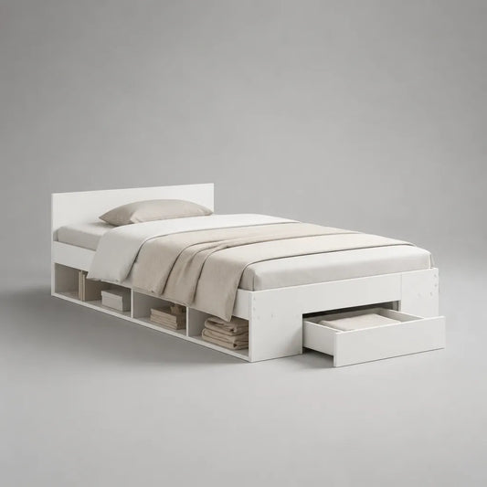 Letto singolo bianco con contenitore laterale e cassetto, 90 x 200 cm, in pannelli truciolari melaminici