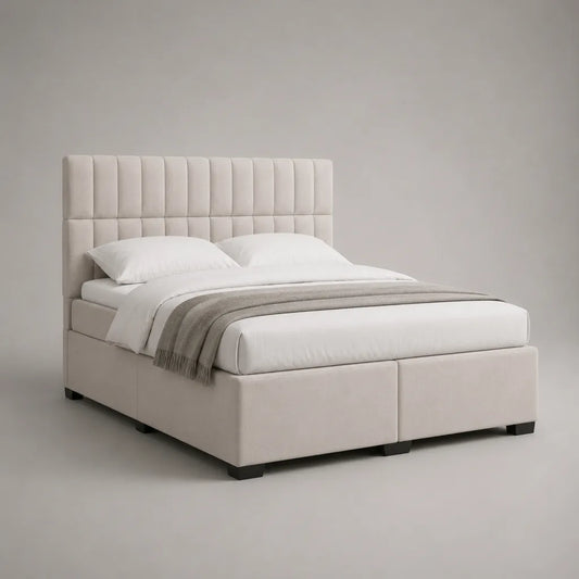 Letto matrimoniale imbottito in tessuto beige chiaro 170 x 215 x 120 cm, per materasso 160 x 200 cm, con testiera alta