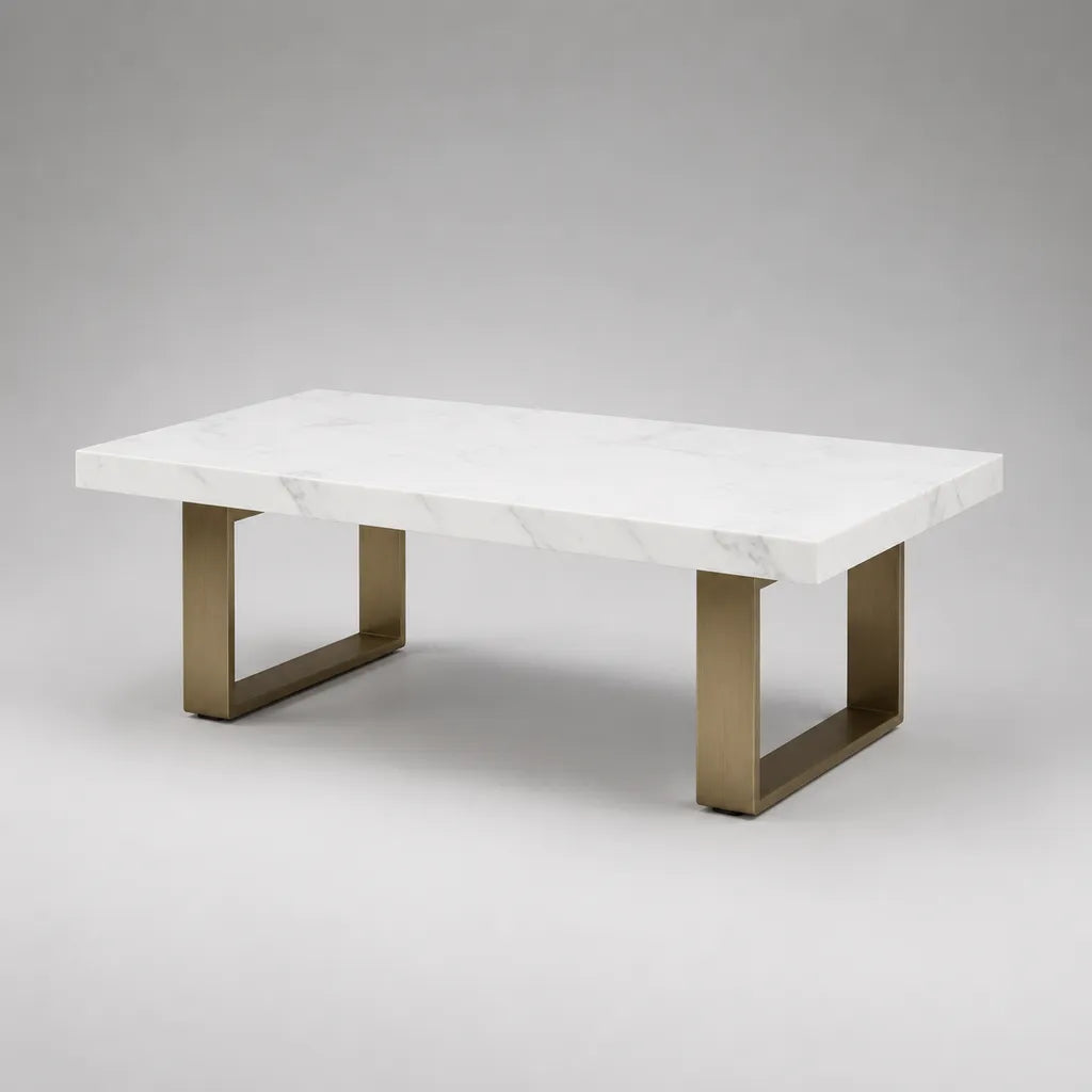 Tavolino da caffè rettangolare in marmo artificiale e acciaio, bianco e ottone, 120 × 60 × 45 cm