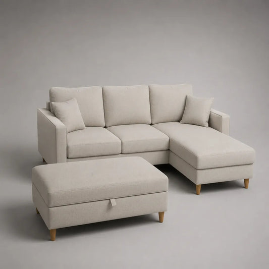 Divano angolare a 3 posti in tessuto beige con penisola destra 218 x 145 x 86 cm e poggiapiedi contenitore 100 x 65 x 45 cm
