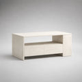 Tavolino da caffè rettangolare in truciolare, rovere bianco e bianco crema, con 2 cassetti e vano aperto, 110 × 55 × 45 cm