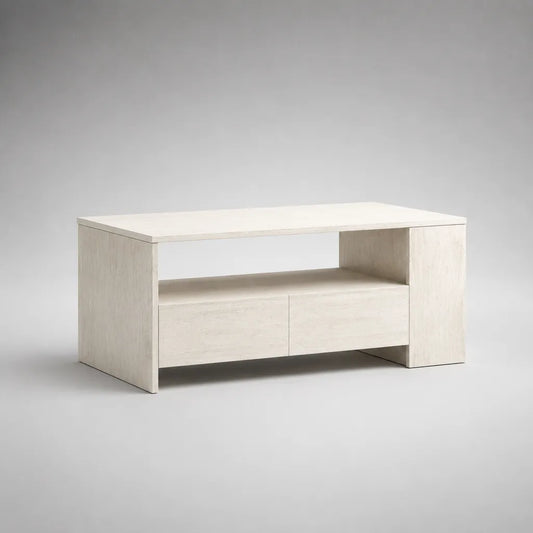 Tavolino da caffè rettangolare in truciolare, rovere bianco e bianco crema, con 2 cassetti e vano aperto, 110 × 55 × 45 cm