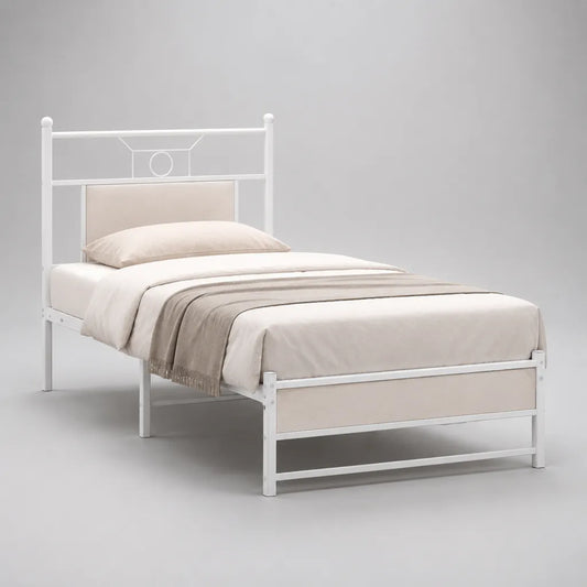 Struttura letto singolo 90 x 200 cm in acciaio bianco con pannelli beige, 208 x 96 x 110 cm