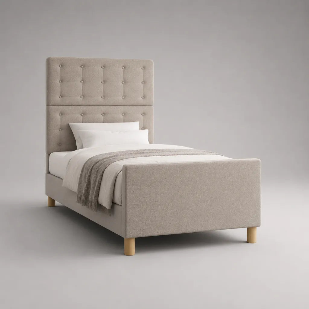 Letto singolo imbottito in tessuto beige 90 x 200 cm con testiera alta capitonné e pediera