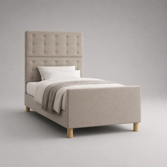 Letto singolo imbottito in tessuto beige 90 x 200 cm con testiera alta capitonné e pediera