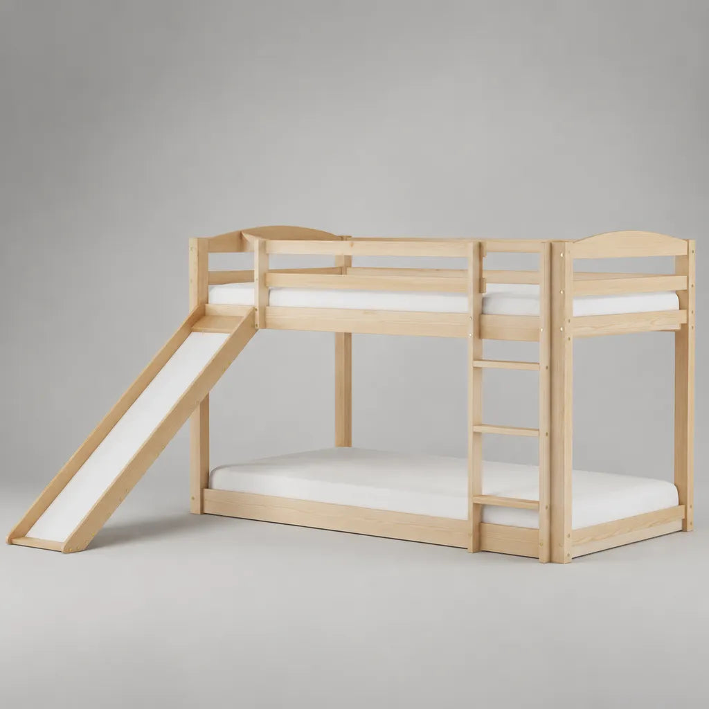 Letto a castello per bambini in pino massiccio con scivolo e scala, 2 posti letto da 90 x 200 cm, dimensioni 207 x 220 x 160 cm, legno naturale e bianco