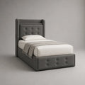 Letto singolo contenitore imbottito in tessuto grigio con cassettone frontale e testiera alta, materasso 90 x 190 cm, dimensioni 103 x 208 x 135 cm