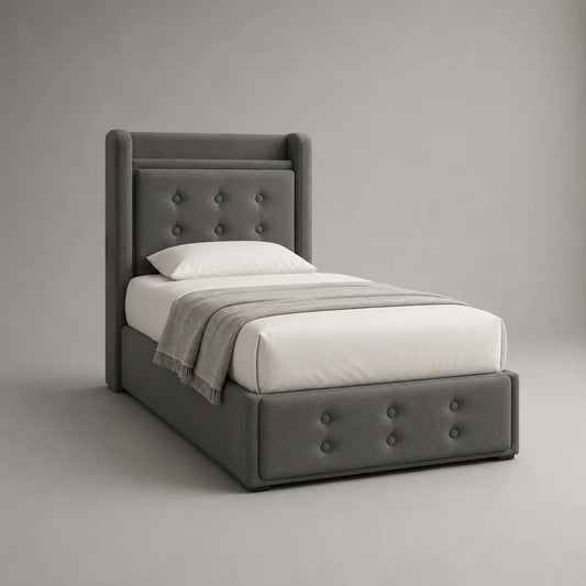 Letto singolo contenitore imbottito in tessuto grigio con cassettone frontale e testiera alta, materasso 90 x 190 cm, dimensioni 103 x 208 x 135 cm