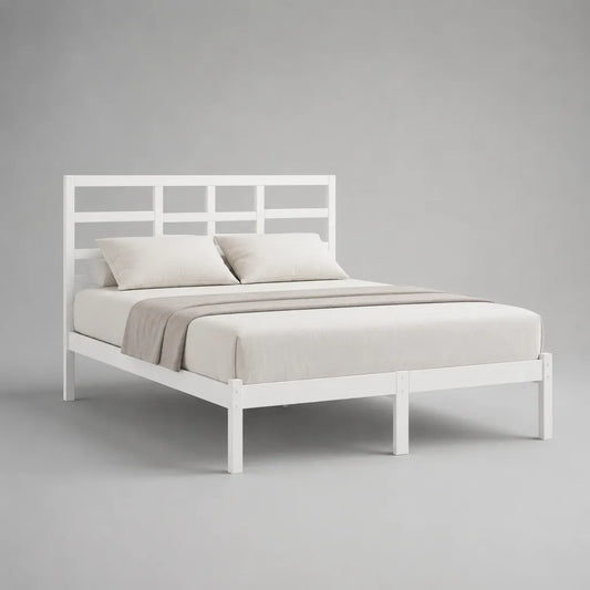 Letto matrimoniale 160 x 200 cm in pino massello bianco con testiera e rete a doghe