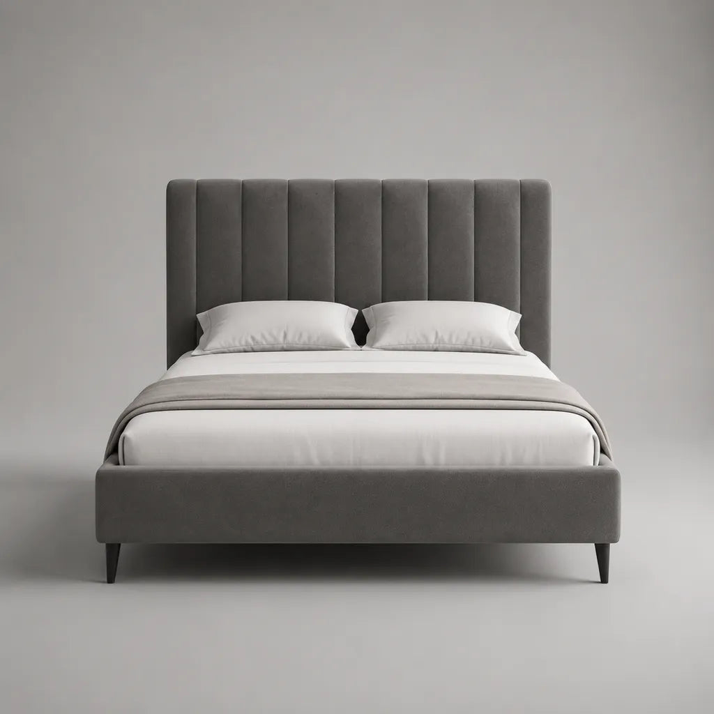 Letto matrimoniale imbottito in velluto grigio, 170 x 215 x 120 cm, rete 160 x 200 cm e testiera a pannelli verticali