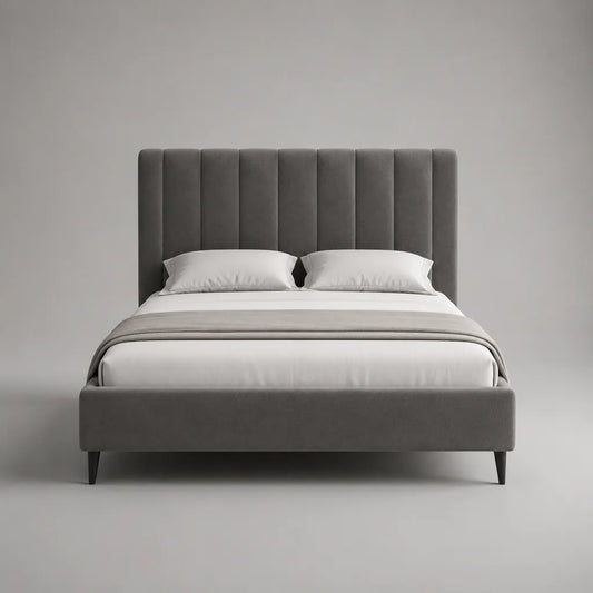 Letto matrimoniale imbottito in velluto grigio, 170 x 215 x 120 cm, rete 160 x 200 cm e testiera a pannelli verticali
