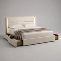 Letto contenitore matrimoniale 160 x 200 cm avorio e marrone con testiera imbottita, illuminazione LED, rete a doghe e 4 cassetti