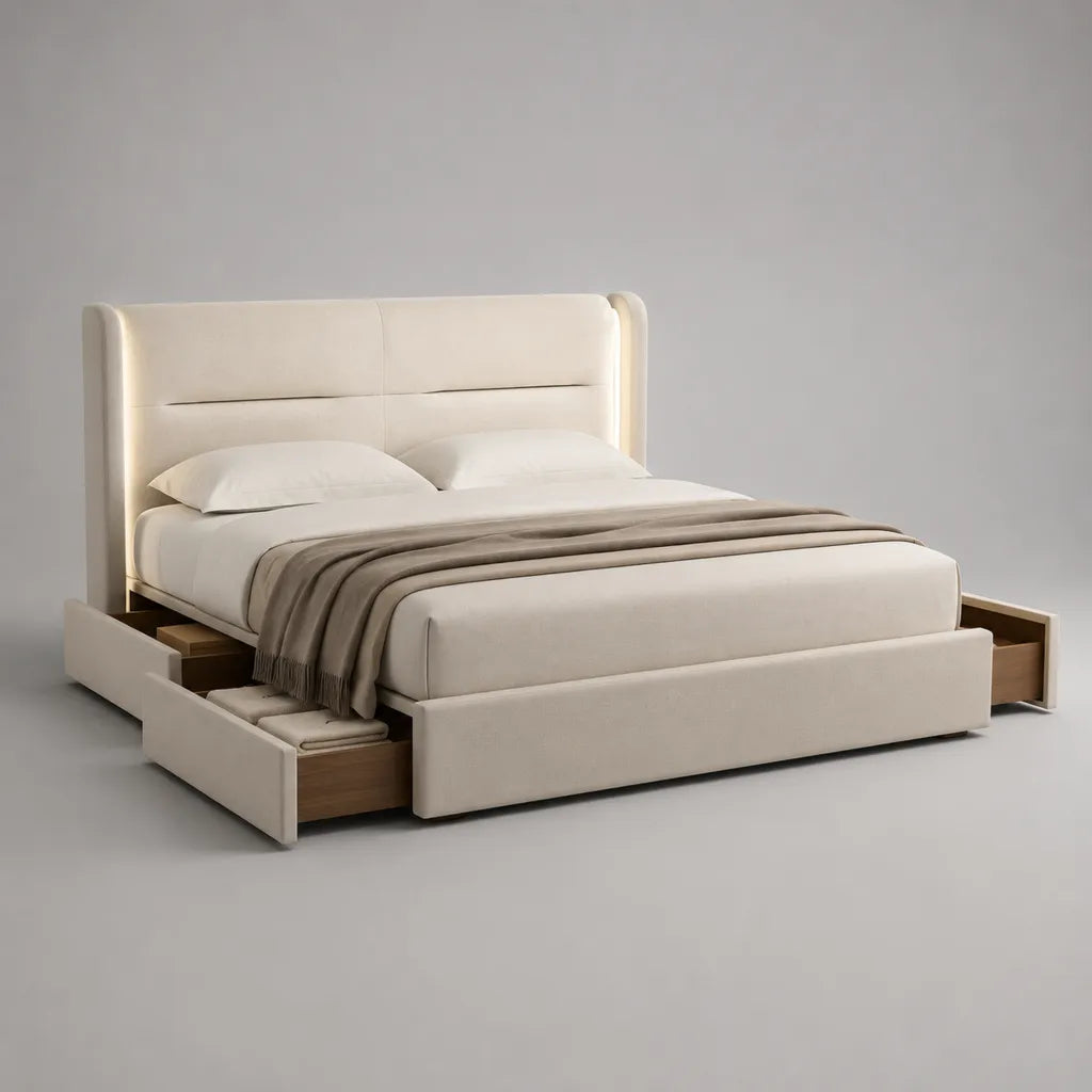 Letto contenitore matrimoniale 160 x 200 cm avorio e marrone con testiera imbottita, illuminazione LED, rete a doghe e 4 cassetti