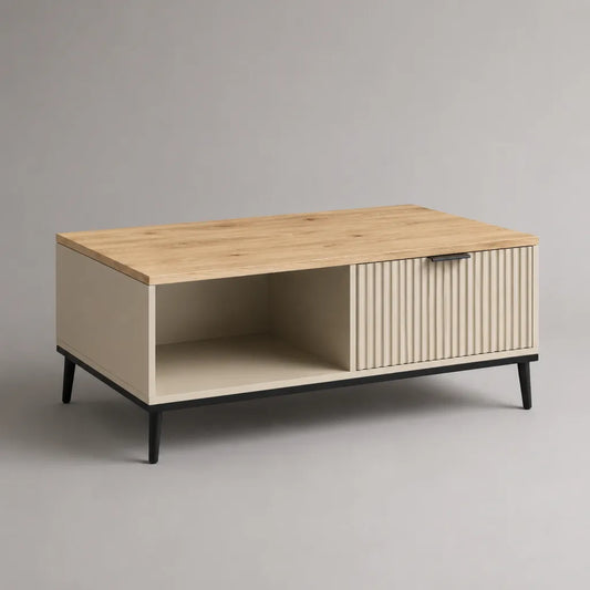 Tavolino da caffè rettangolare in legno e metallo con vano aperto e anta scanalata, rovere naturale, beige e nero, 100 × 55 × 45 cm